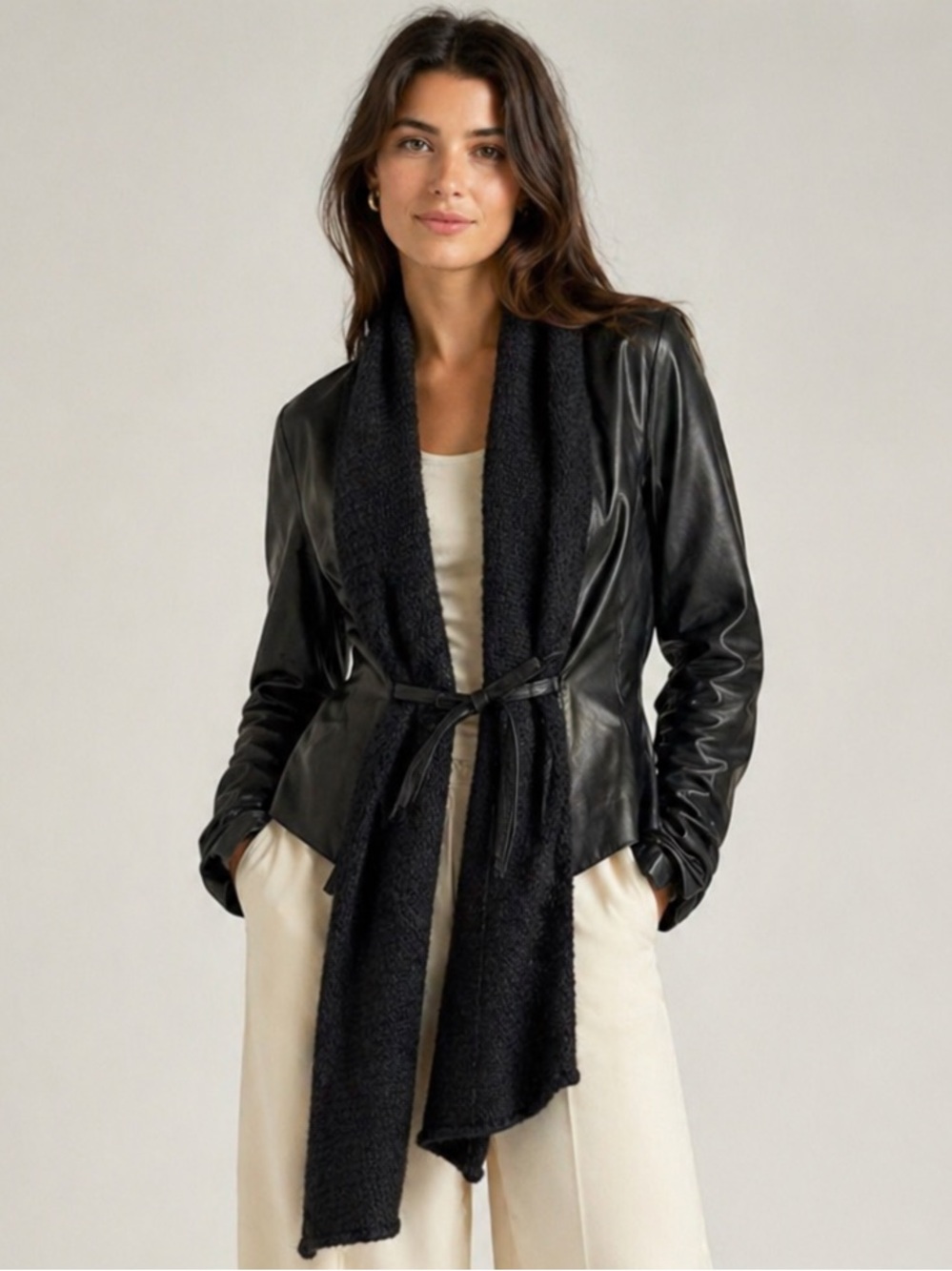 1020 by Nicole Leather & Cashmere Shawl Collar Wrap Jacket XS